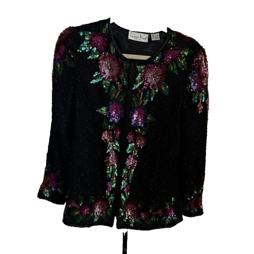 Vintage Laurence Kazar Jacket Womens S Black Silk Beaded Sequin Floral 90s